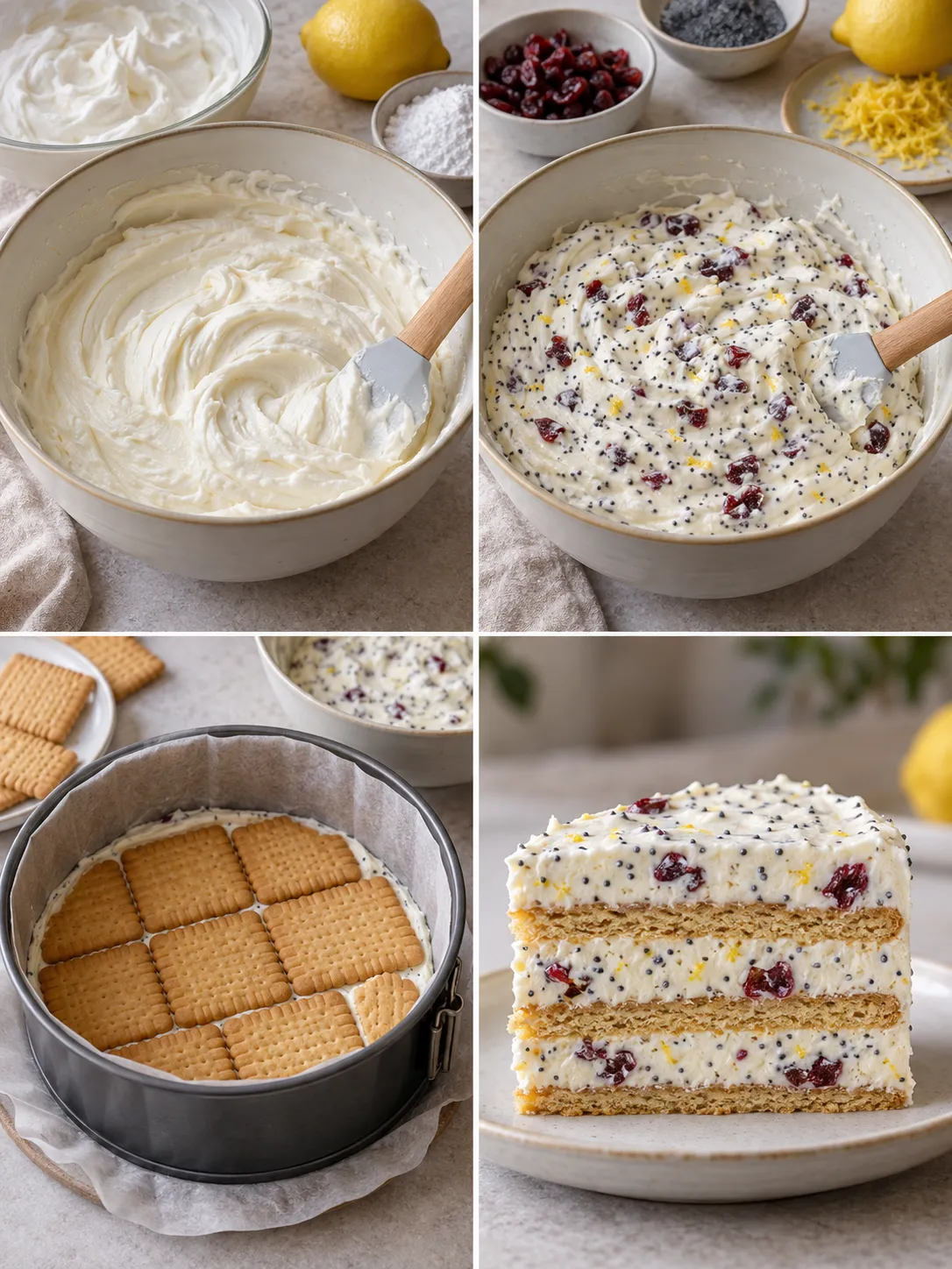 No-bake biscuit cake with lemon and poppy seeds — cranberries