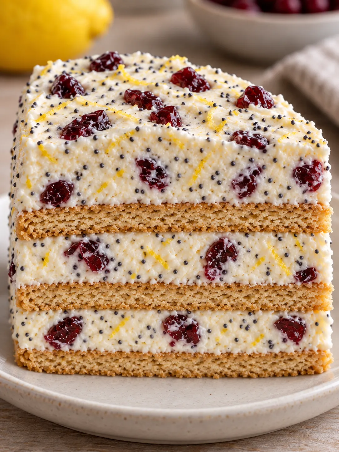 No-bake biscuit cake with lemon and poppy seeds — cranberries