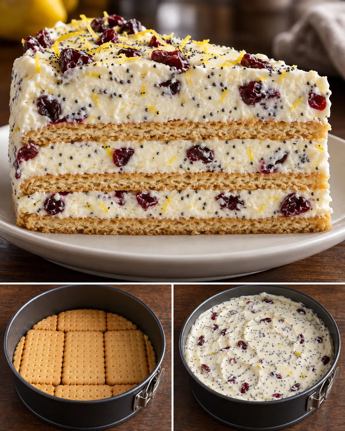 No-bake biscuit cake with lemon and poppy seeds — cranberries