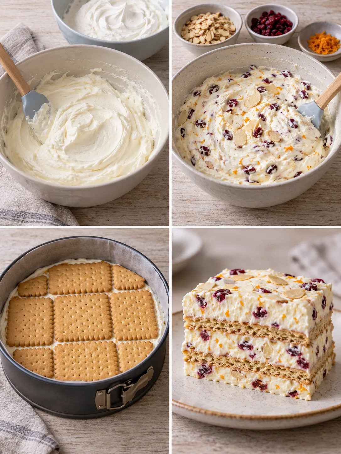 No-bake biscuit cake with orange and almonds — cranberries