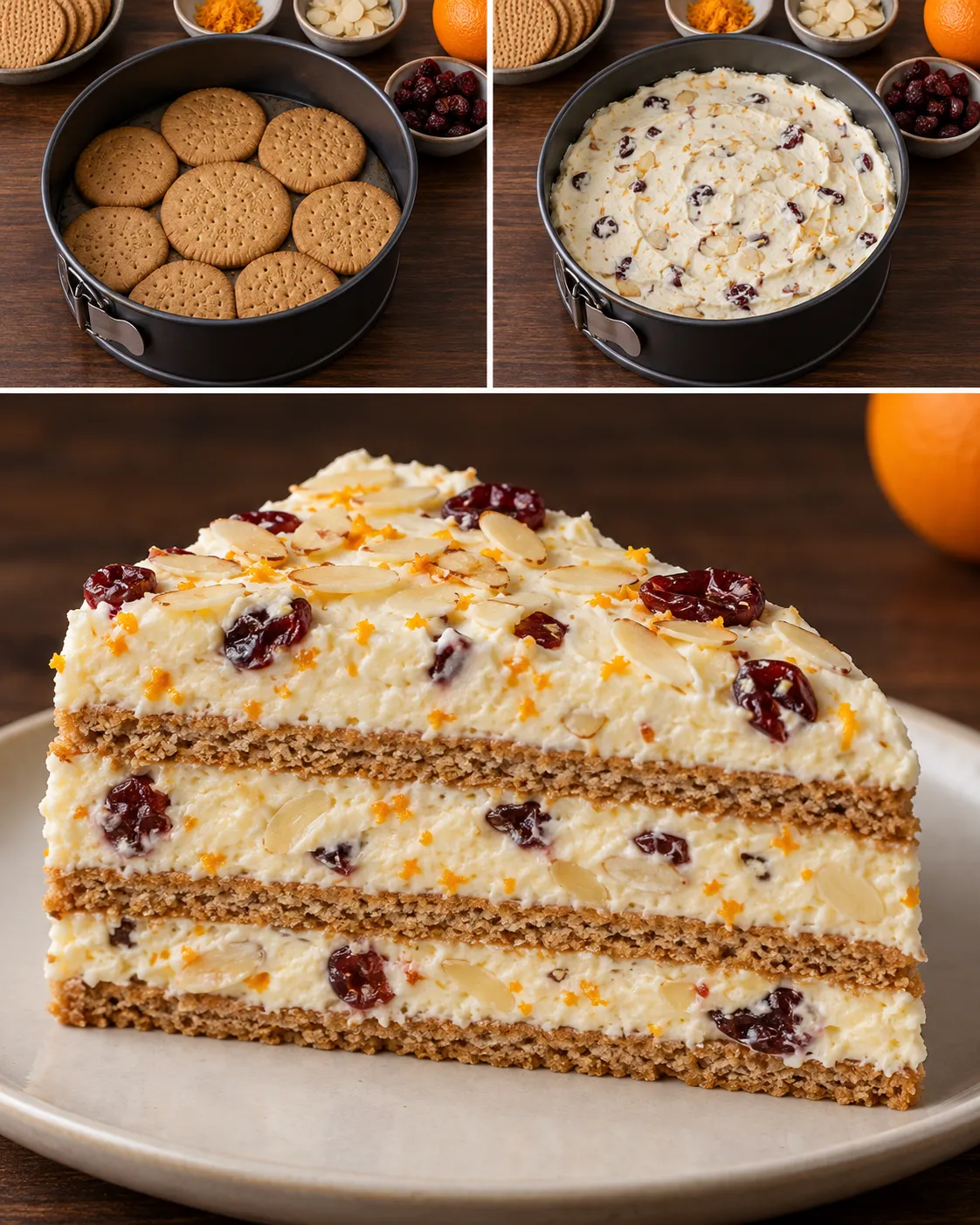 No-bake biscuit cake with orange and almonds — cranberries