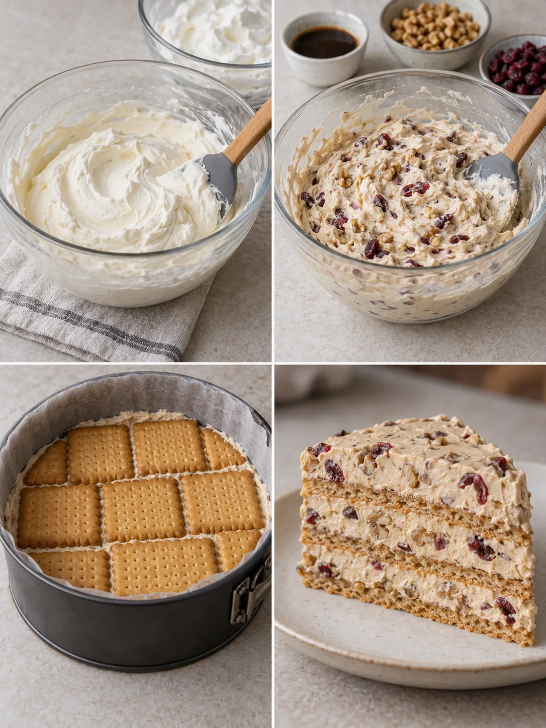 No-bake biscuit cake with coffee and walnuts — cranberries
