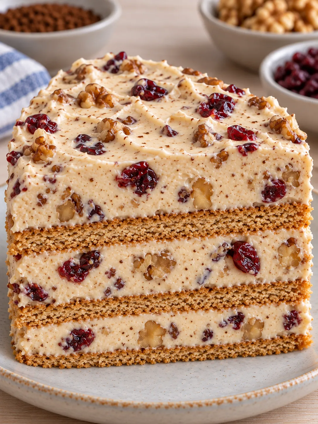 No-bake biscuit cake with coffee and walnuts — cranberries