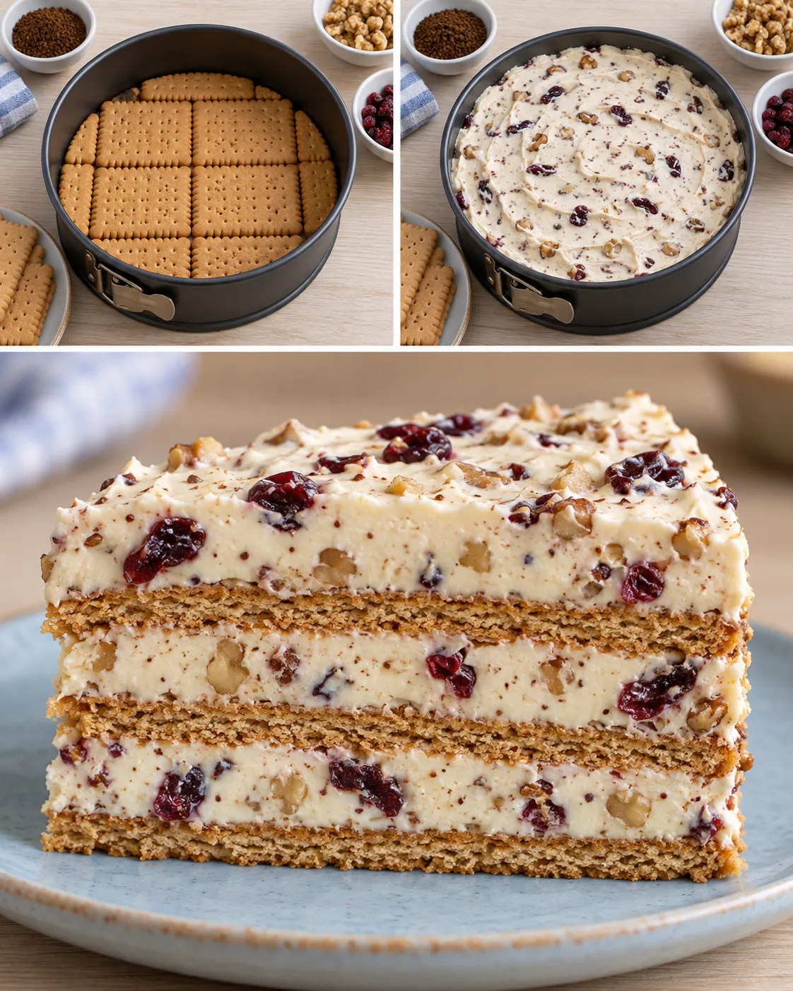 No-bake biscuit cake with coffee and walnuts — cranberries