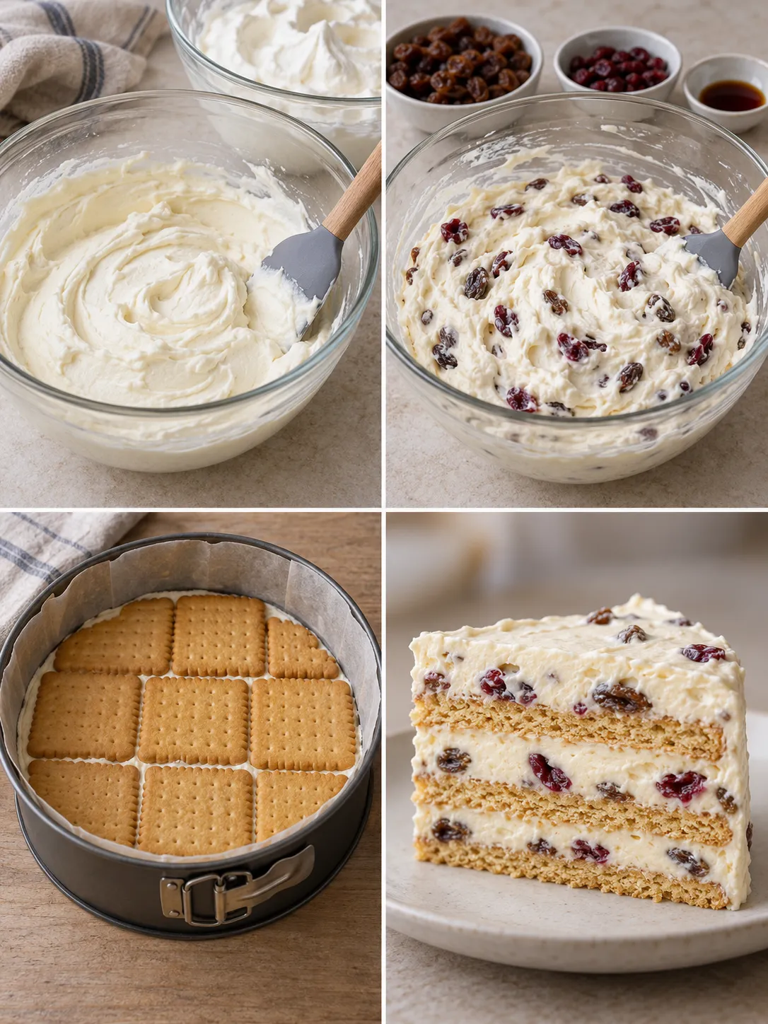 No-bake biscuit cake with vanilla and raisins — cranberries
