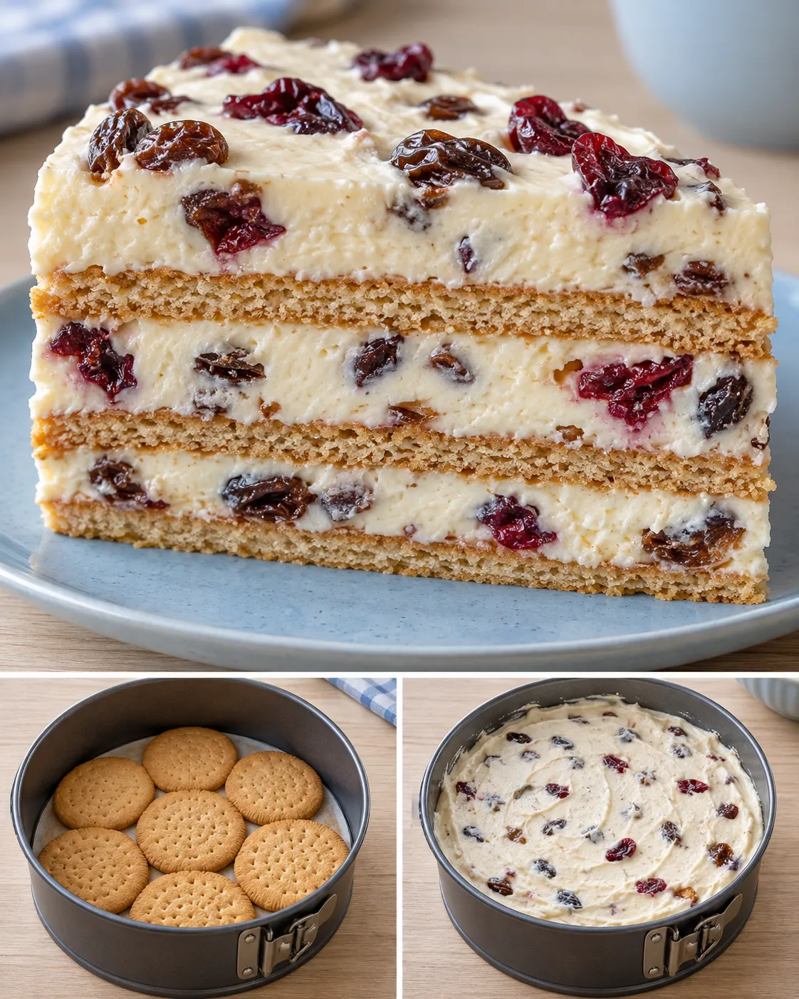 No-bake biscuit cake with vanilla and raisins — cranberries
