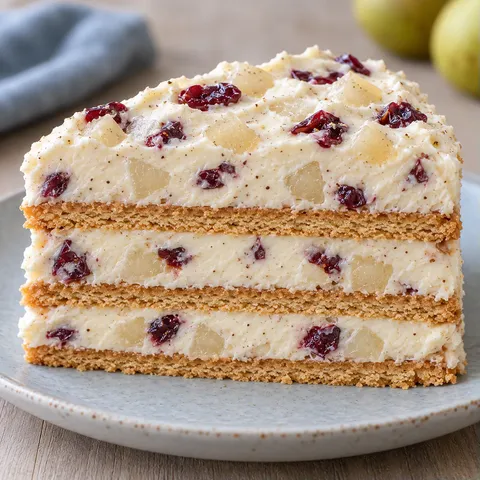 No-bake biscuit cake with cardamom and pear — cranberries