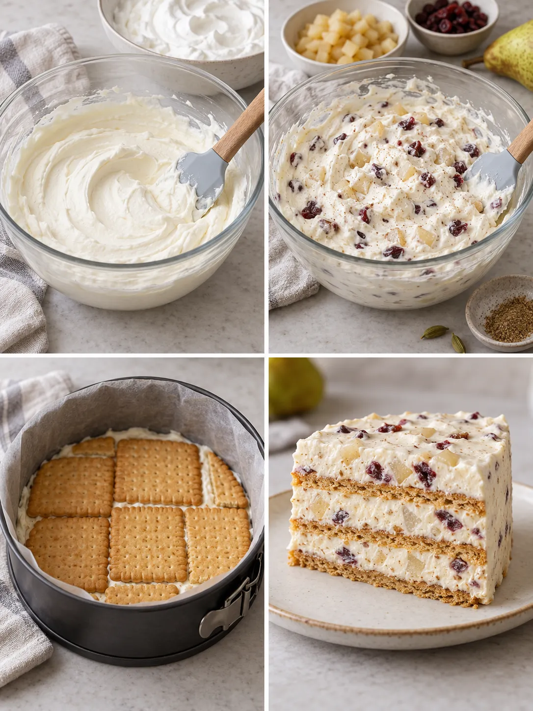 No-bake biscuit cake with cardamom and pear — cranberries