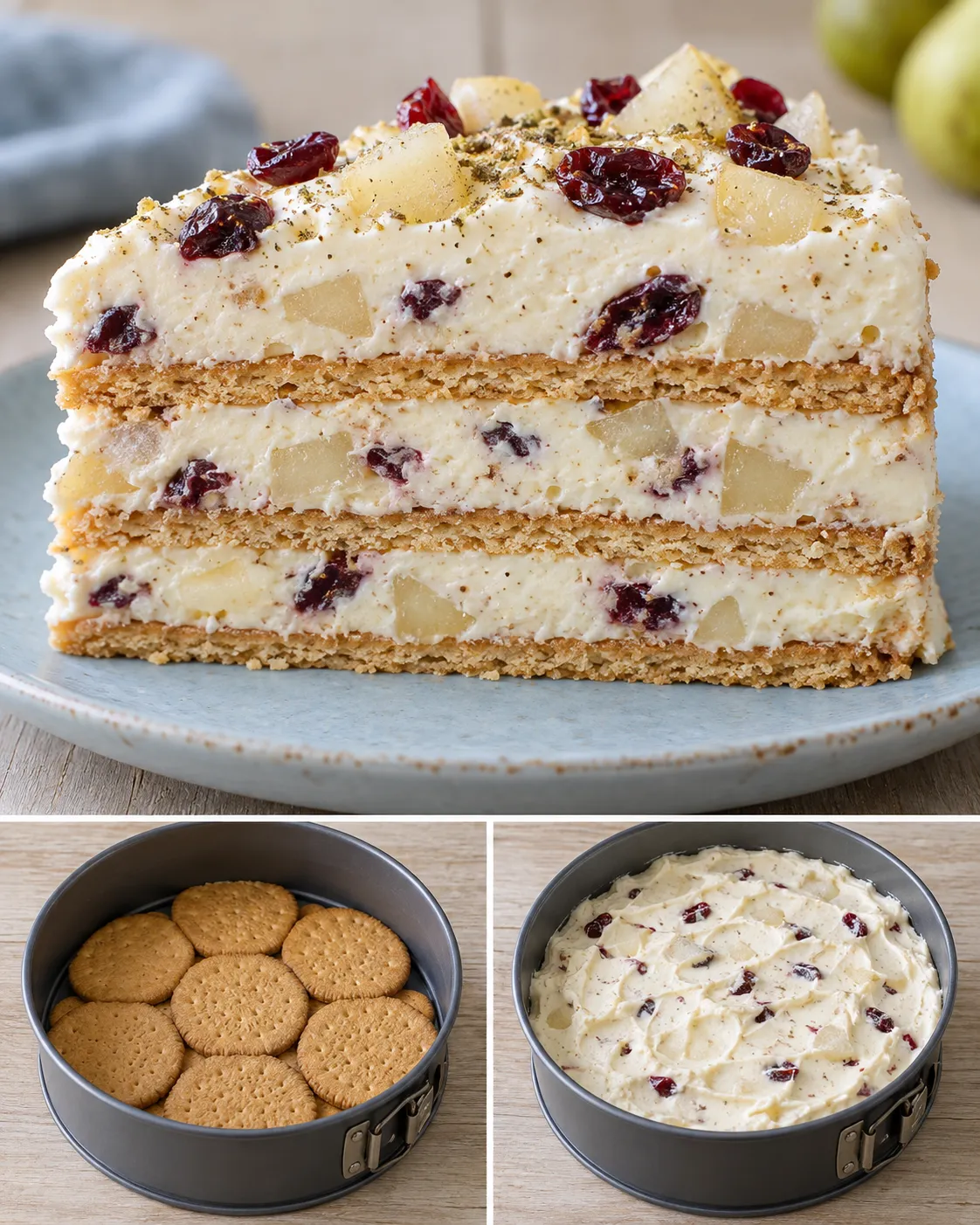 No-bake biscuit cake with cardamom and pear — cranberries