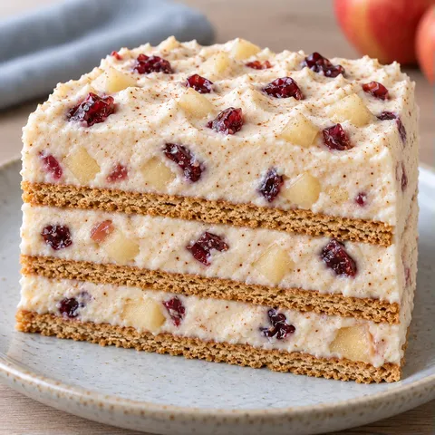 No-bake biscuit cake with cinnamon and apple — cranberries