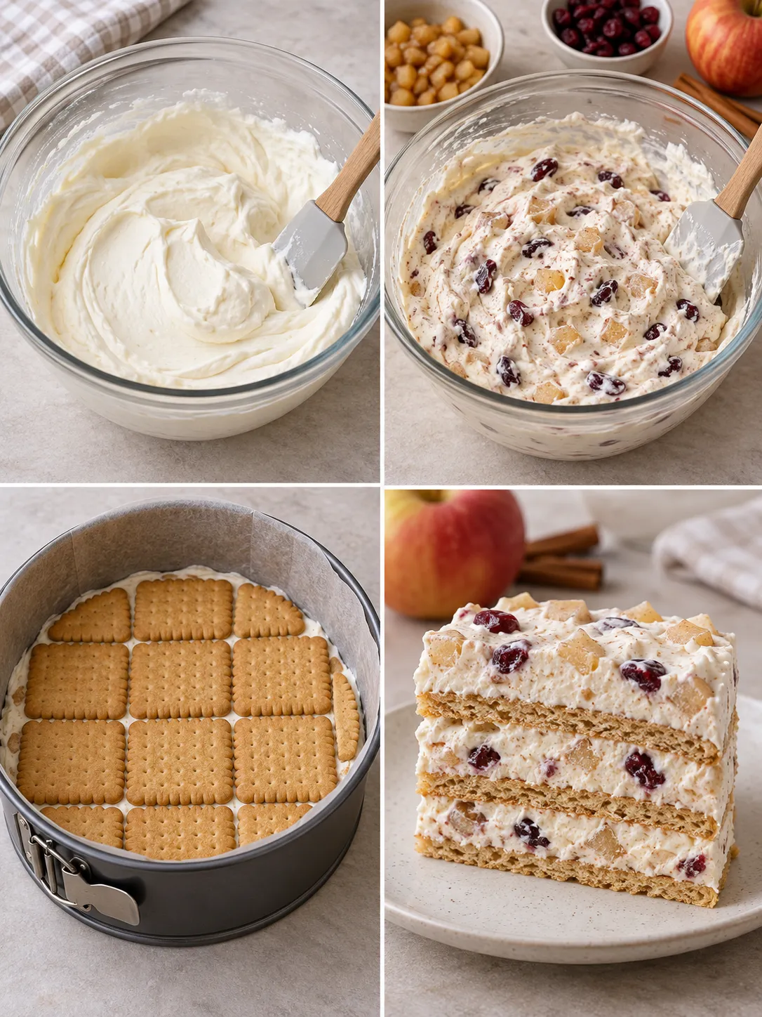 No-bake biscuit cake with cinnamon and apple — cranberries