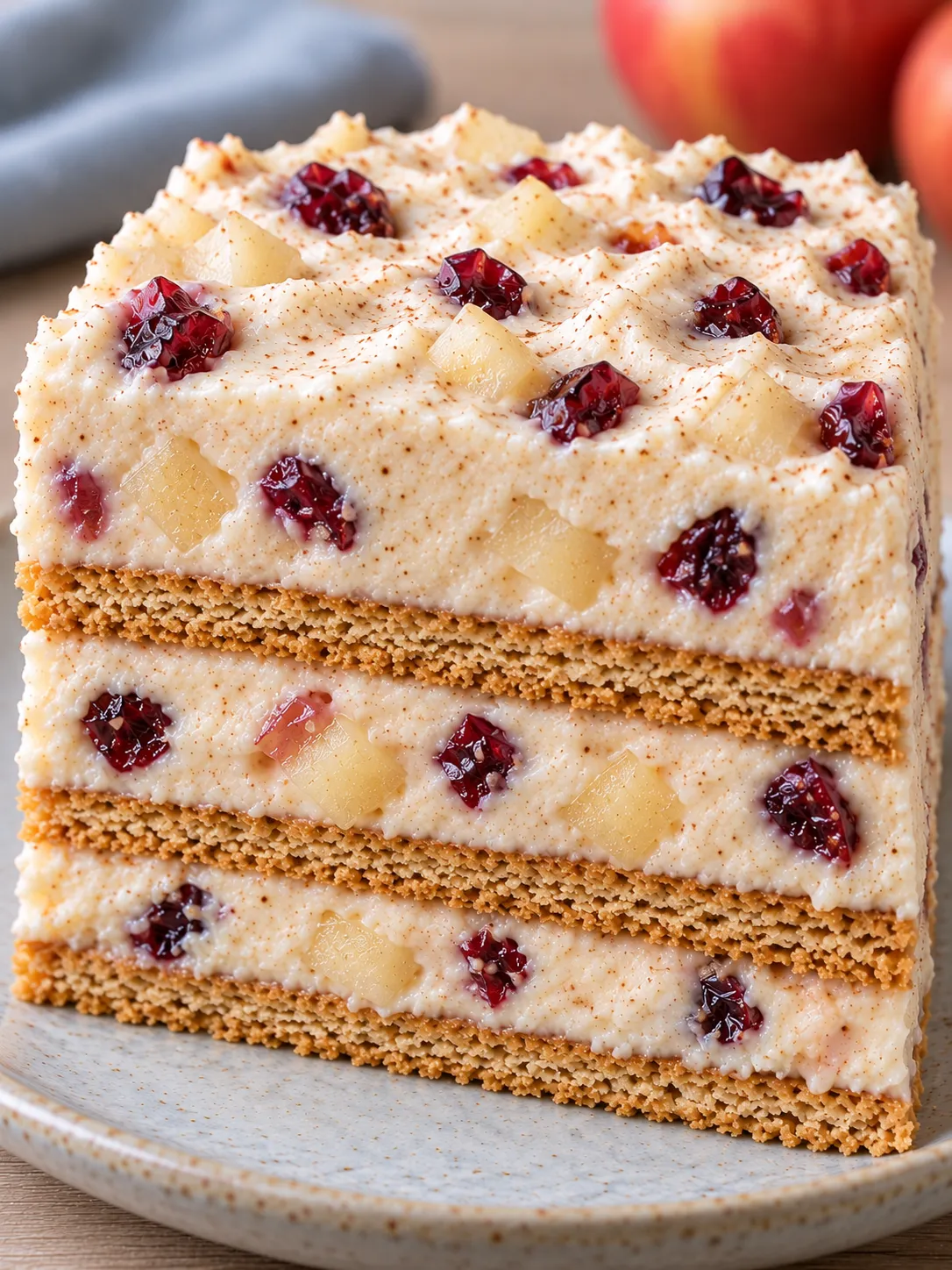 No-bake biscuit cake with cinnamon and apple — cranberries