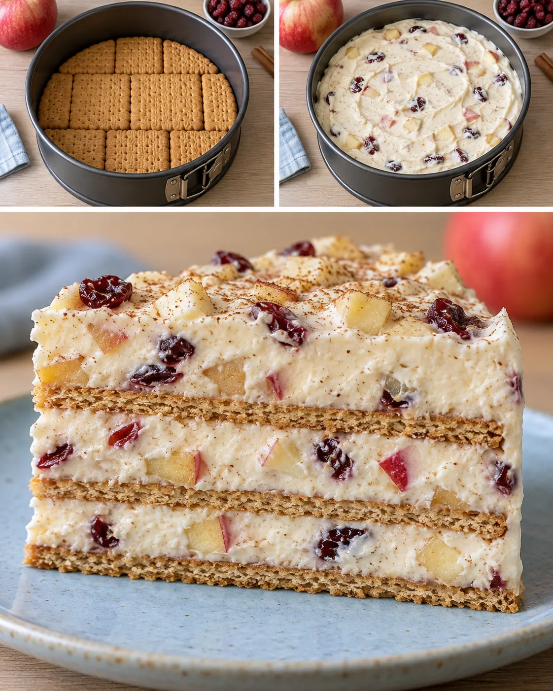 No-bake biscuit cake with cinnamon and apple — cranberries