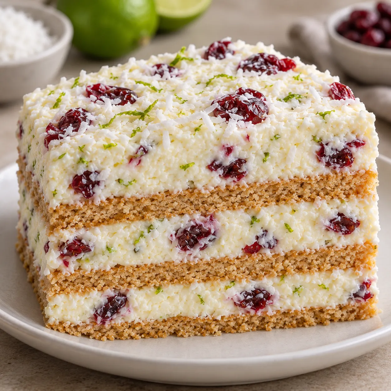 No-bake biscuit cake with coconut and lime — cranberries