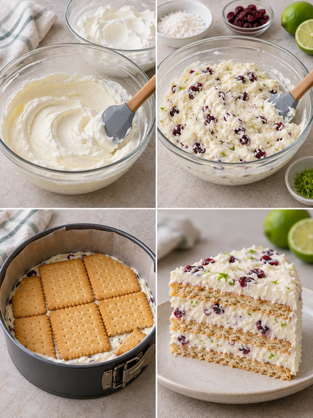 No-bake biscuit cake with coconut and lime — cranberries