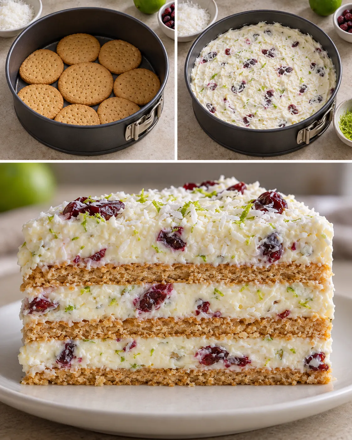 No-bake biscuit cake with coconut and lime — cranberries