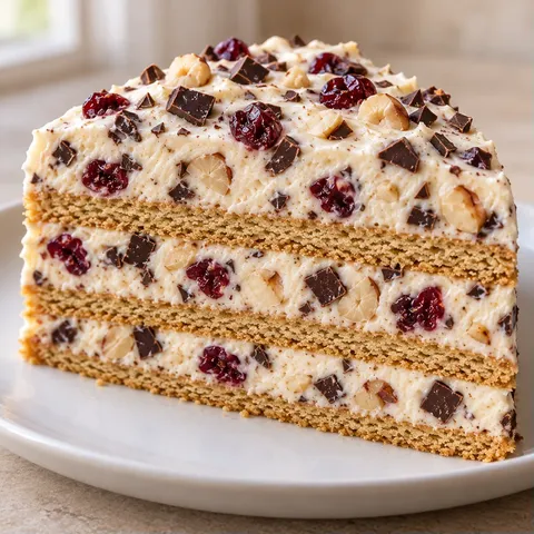No-bake biscuit cake with chocolate and hazelnuts — cranberries