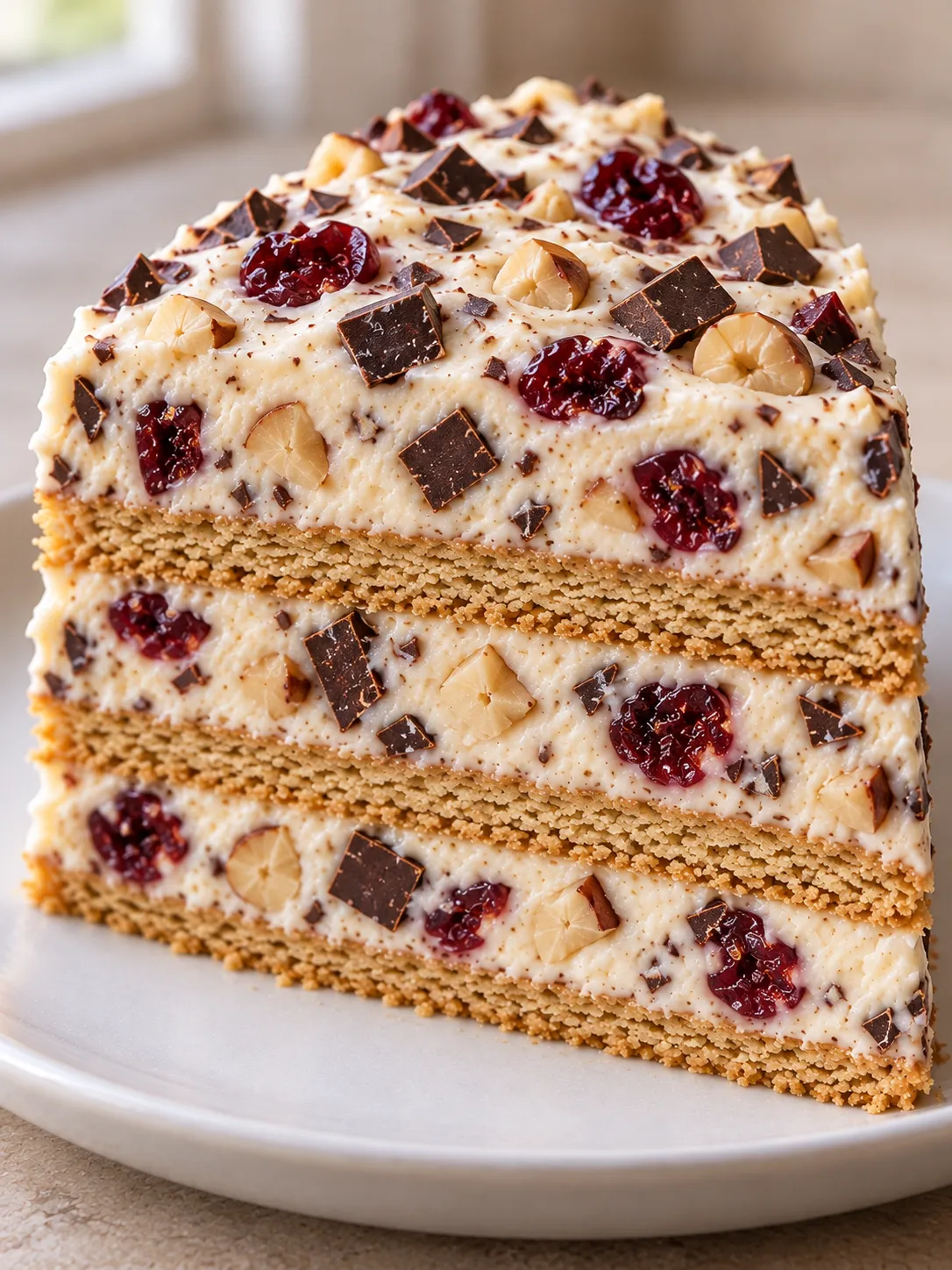 No-bake biscuit cake with chocolate and hazelnuts — cranberries