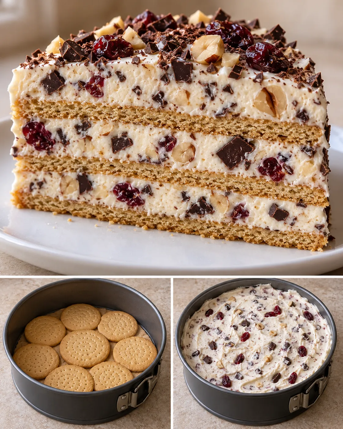 No-bake biscuit cake with chocolate and hazelnuts — cranberries