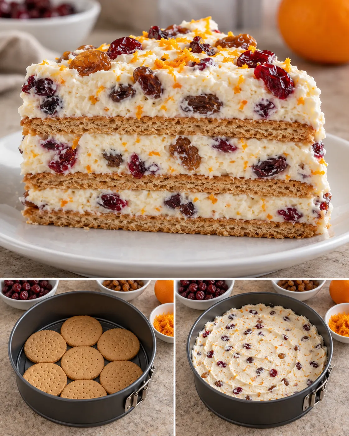 No-bake biscuit cake with cranberries and orange — raisins