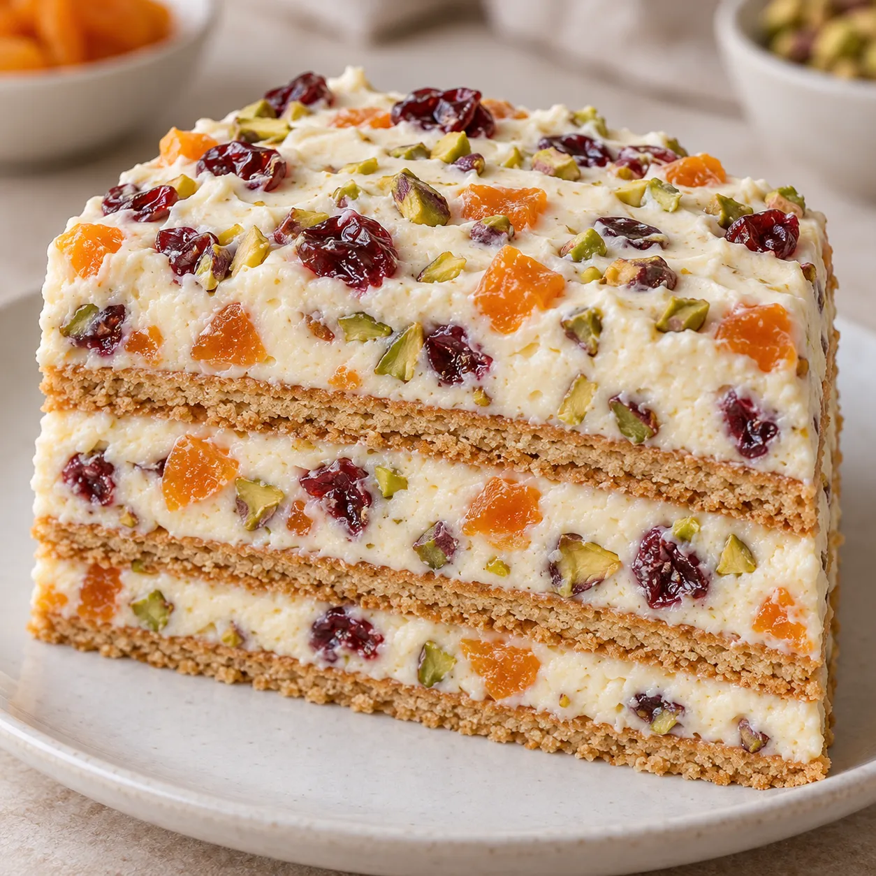 No-bake biscuit cake with apricots and pistachios — cranberries