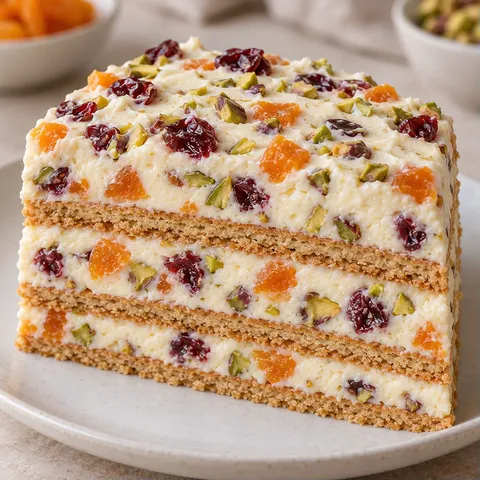 No-bake biscuit cake with apricots and pistachios — cranberries