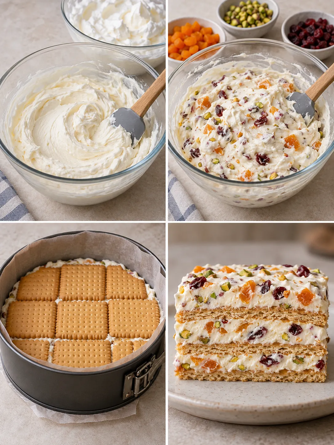 No-bake biscuit cake with apricots and pistachios — cranberries