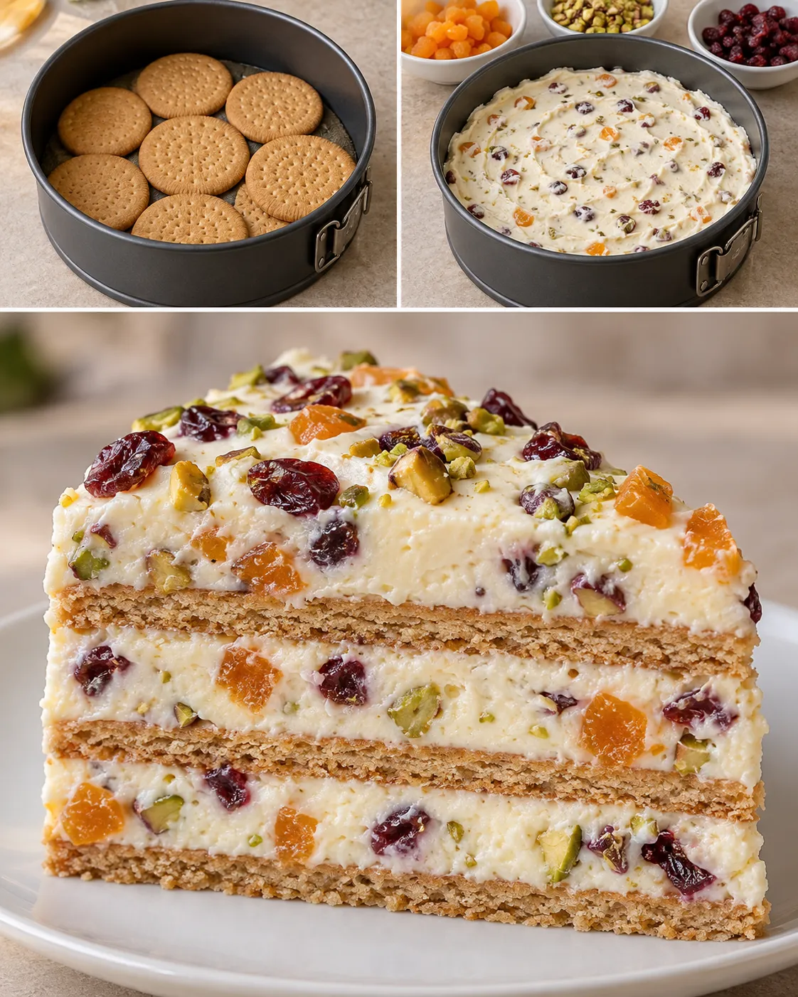 No-bake biscuit cake with apricots and pistachios — cranberries