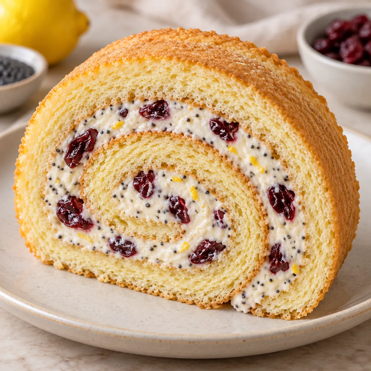 Sponge roll with lemon and poppy seeds — cranberries