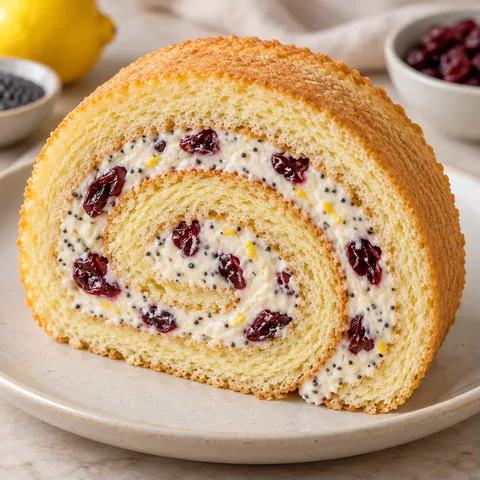Sponge roll with lemon and poppy seeds — cranberries