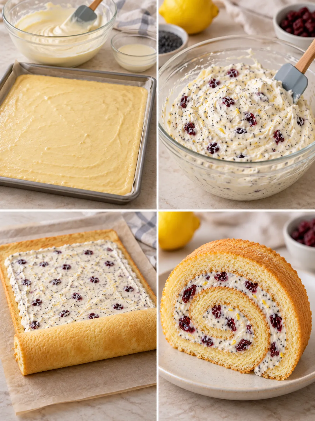 Sponge roll with lemon and poppy seeds — cranberries