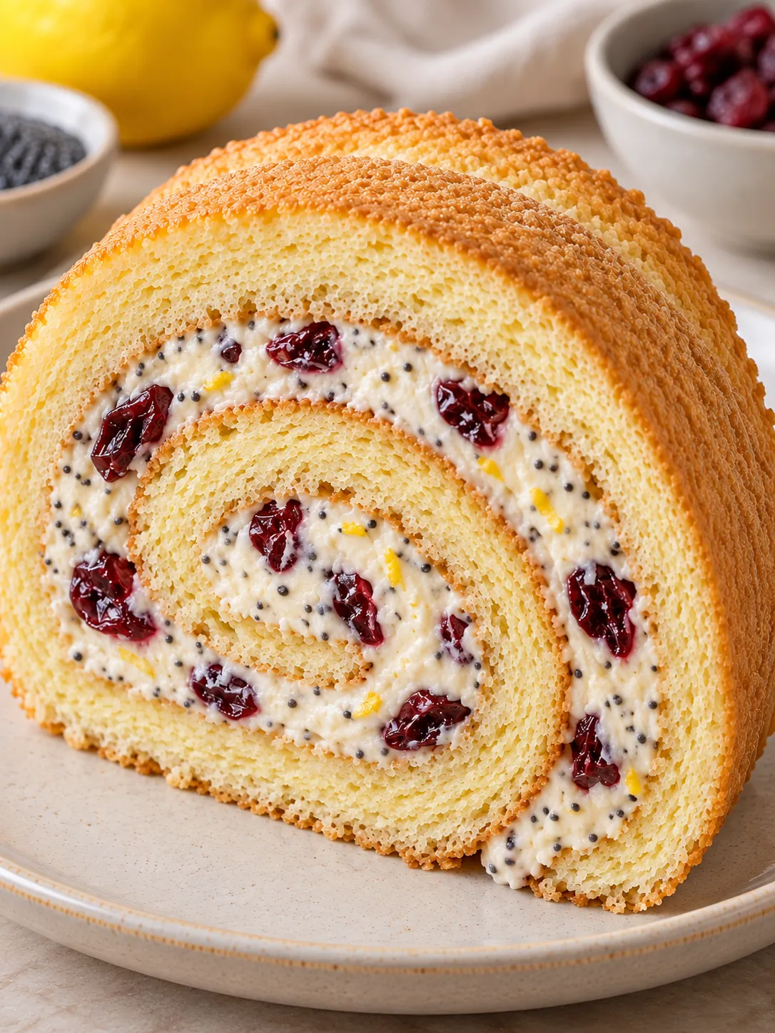 Sponge roll with lemon and poppy seeds — cranberries