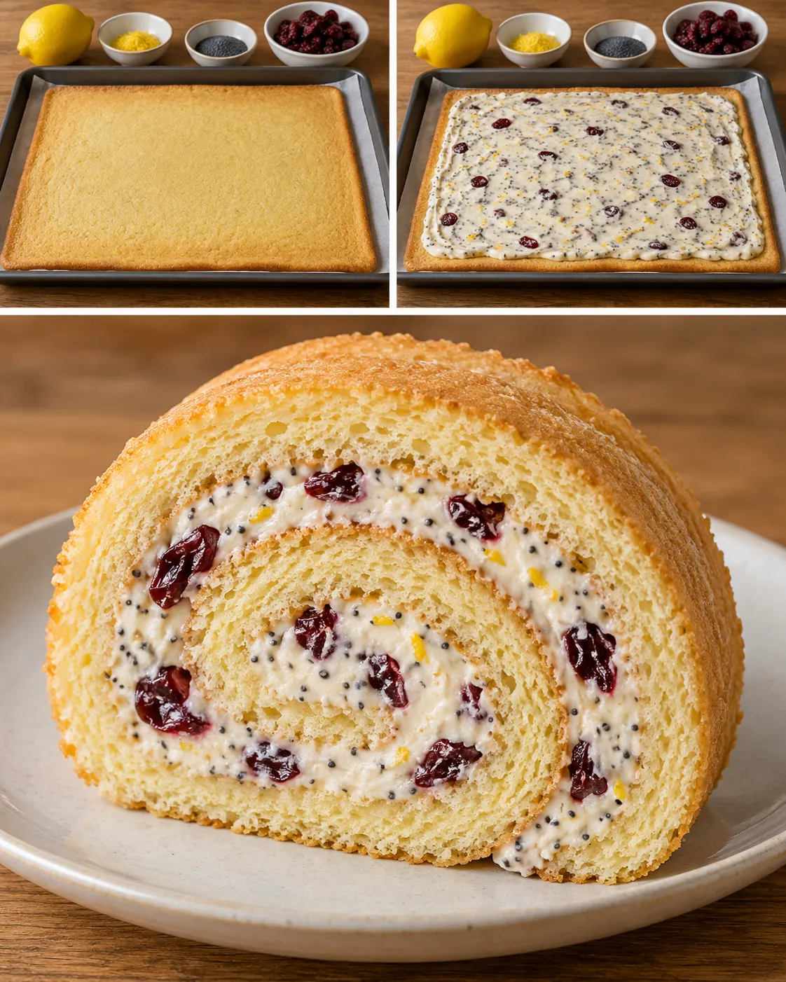 Sponge roll with lemon and poppy seeds — cranberries