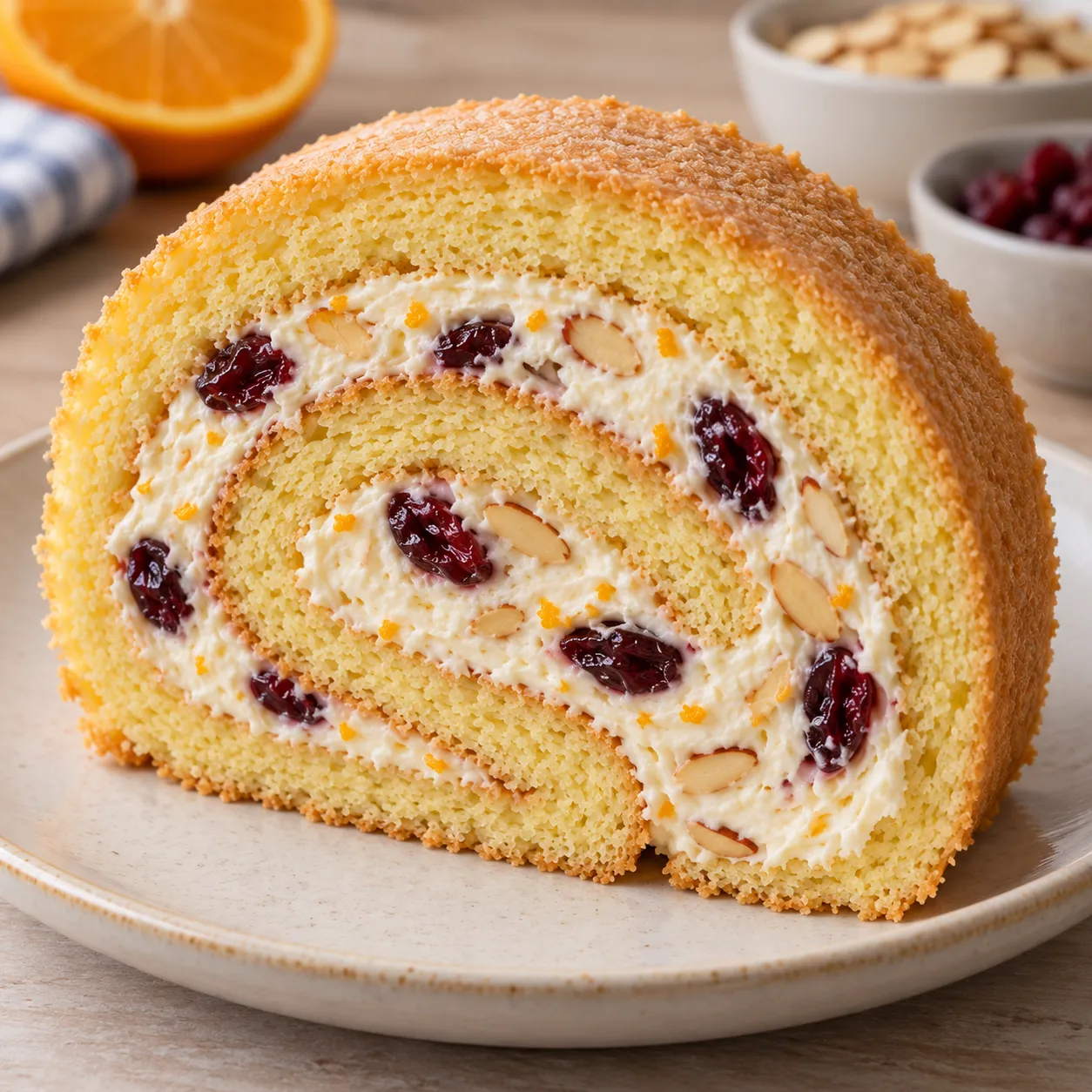 Sponge roll with orange and almonds — cranberries