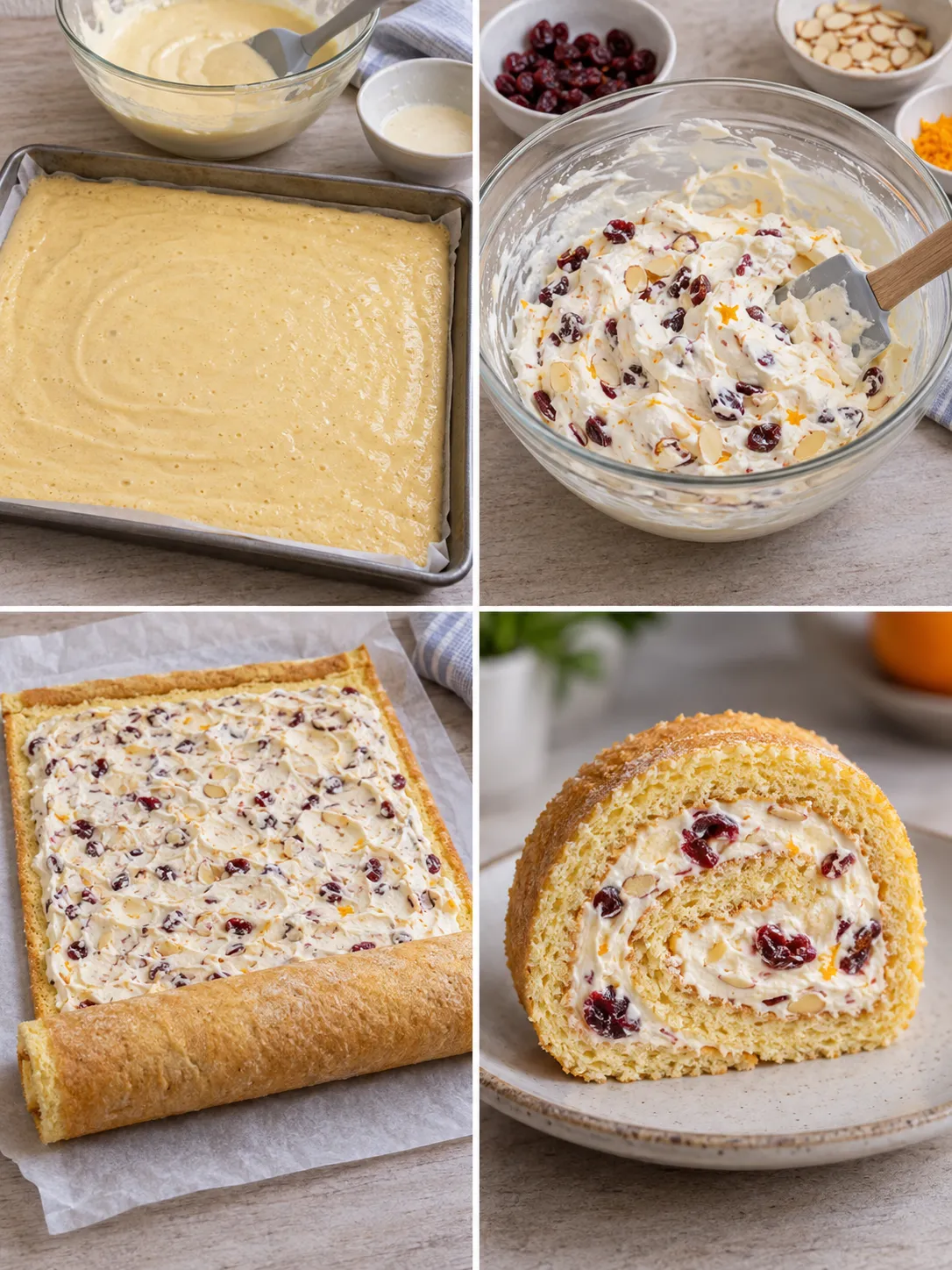 Sponge roll with orange and almonds — cranberries