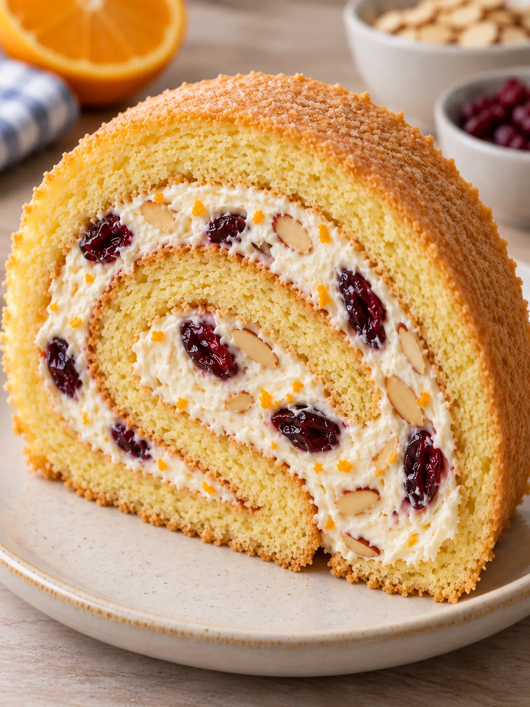 Sponge roll with orange and almonds — cranberries