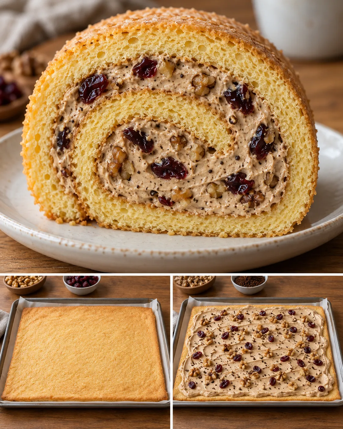 Sponge roll with coffee and walnuts — cranberries