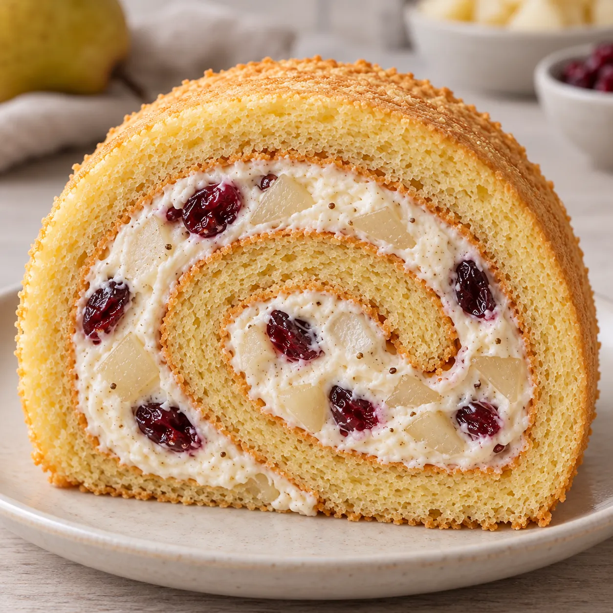 Sponge roll with cardamom and pear — cranberries