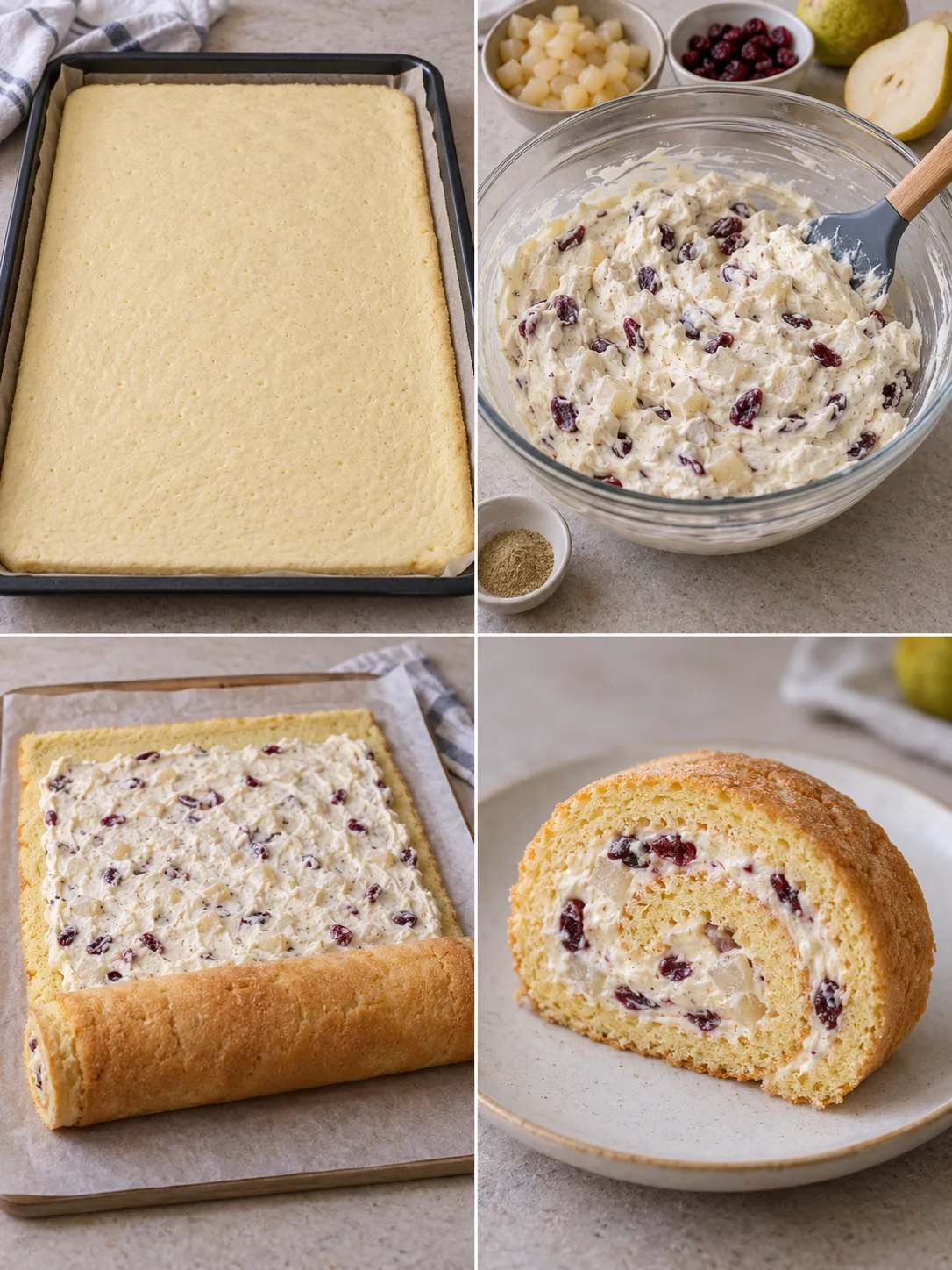 Sponge roll with cardamom and pear — cranberries