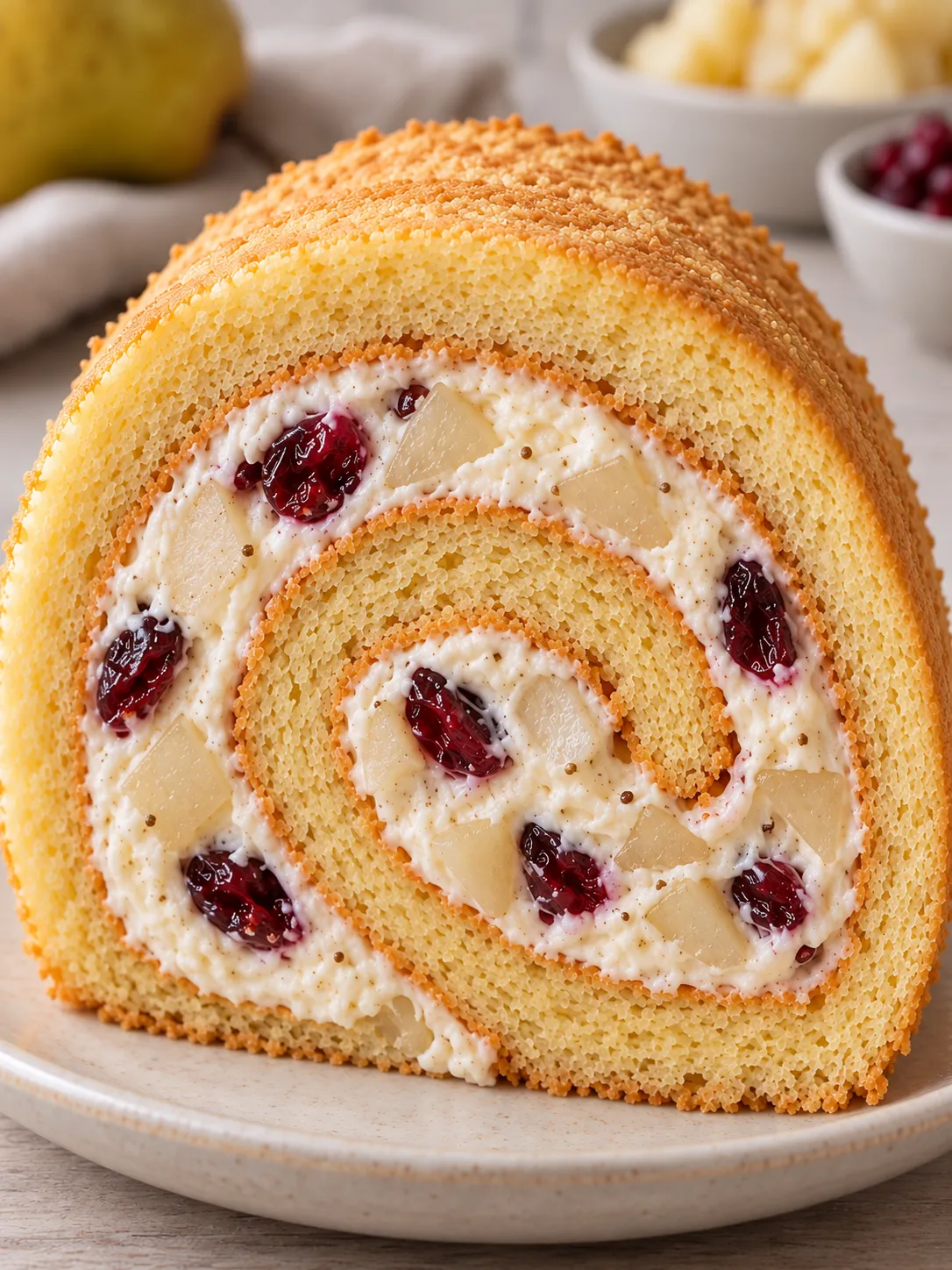 Sponge roll with cardamom and pear — cranberries