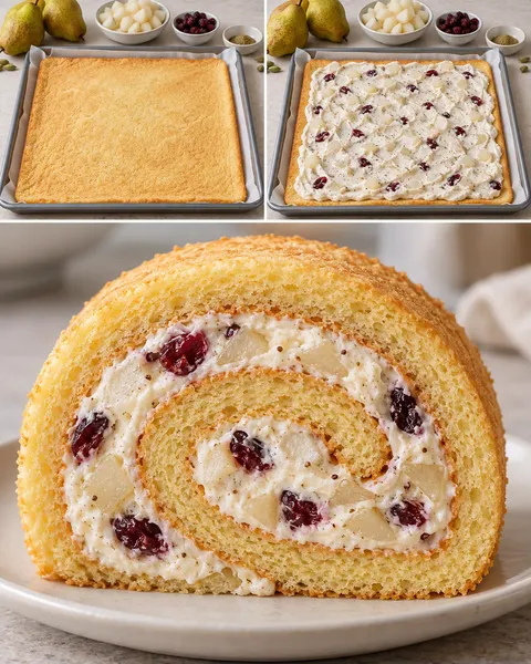 Sponge roll with cardamom and pear — cranberries
