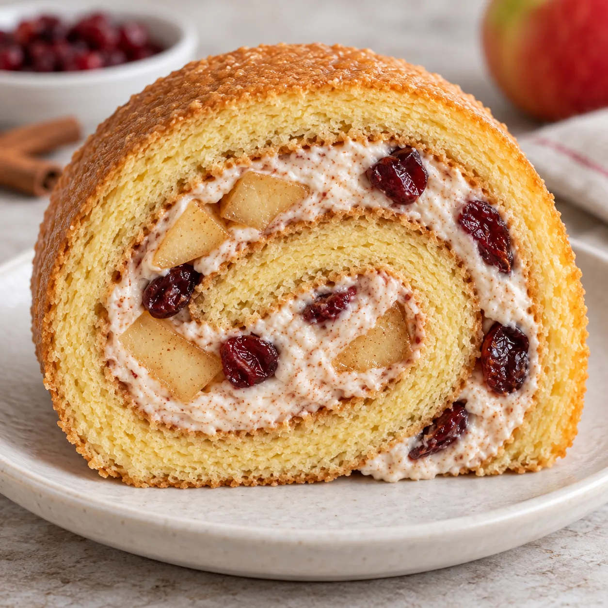 Sponge roll with cinnamon and apple — cranberries