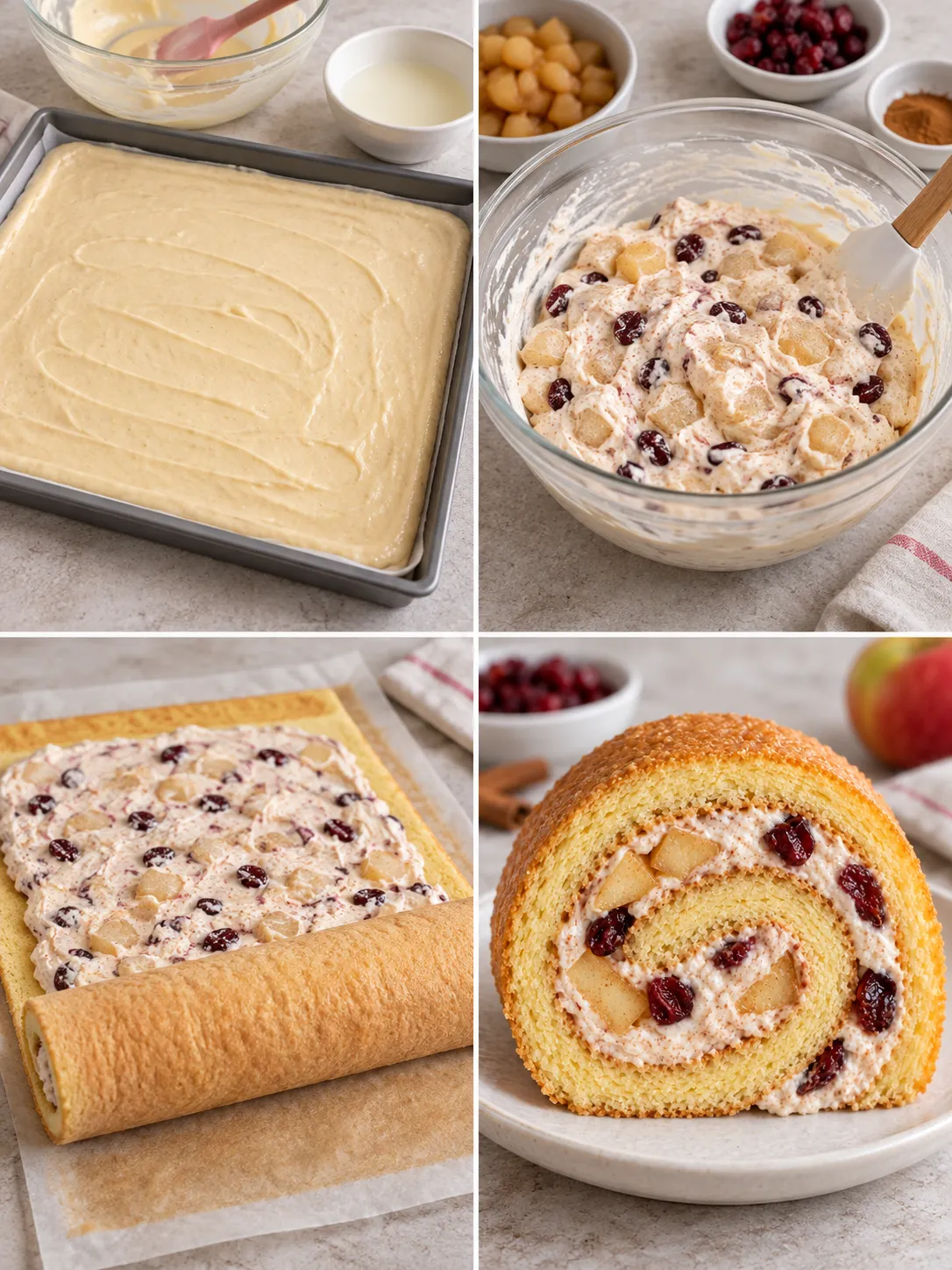 Sponge roll with cinnamon and apple — cranberries