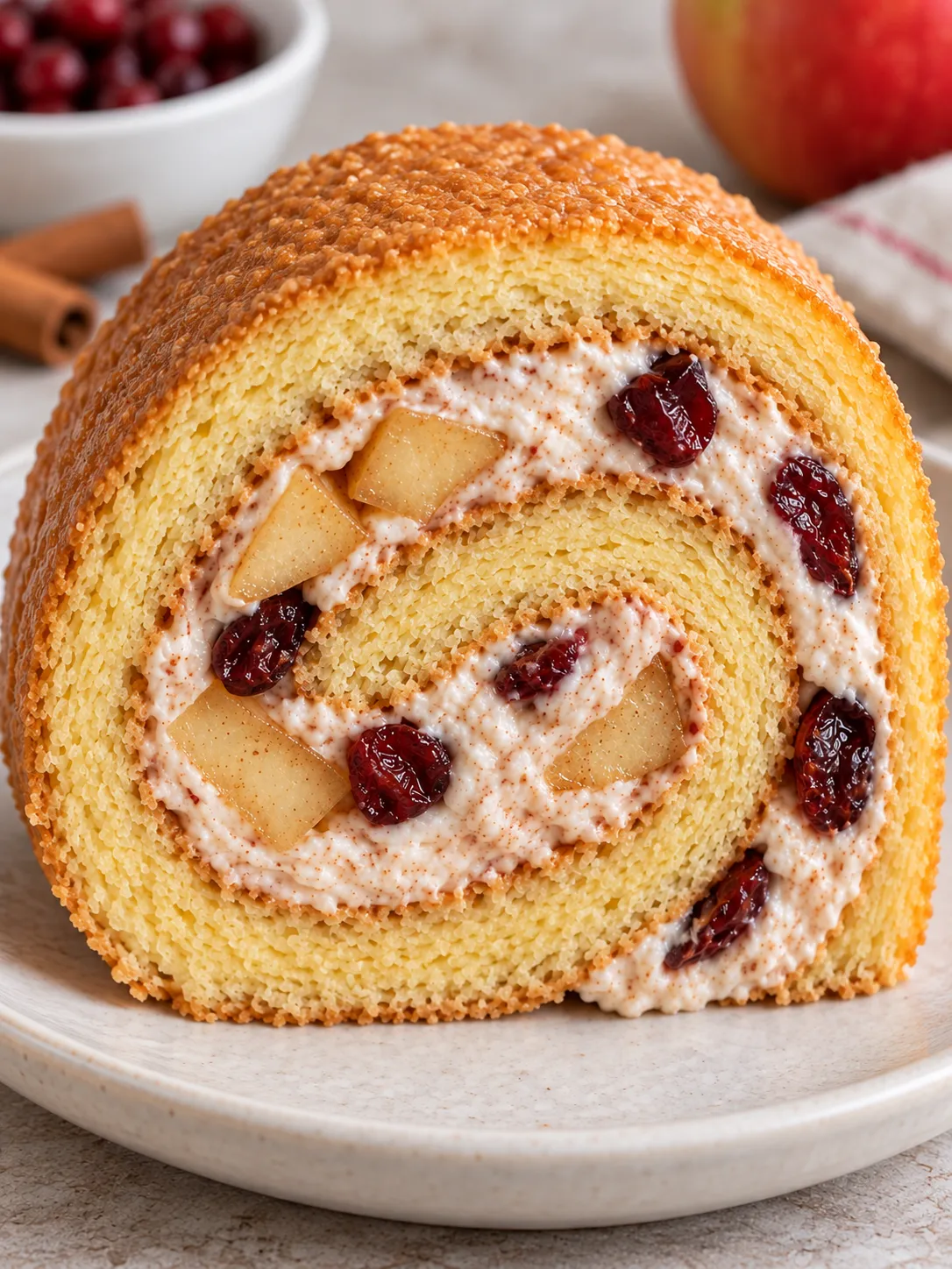 Sponge roll with cinnamon and apple — cranberries