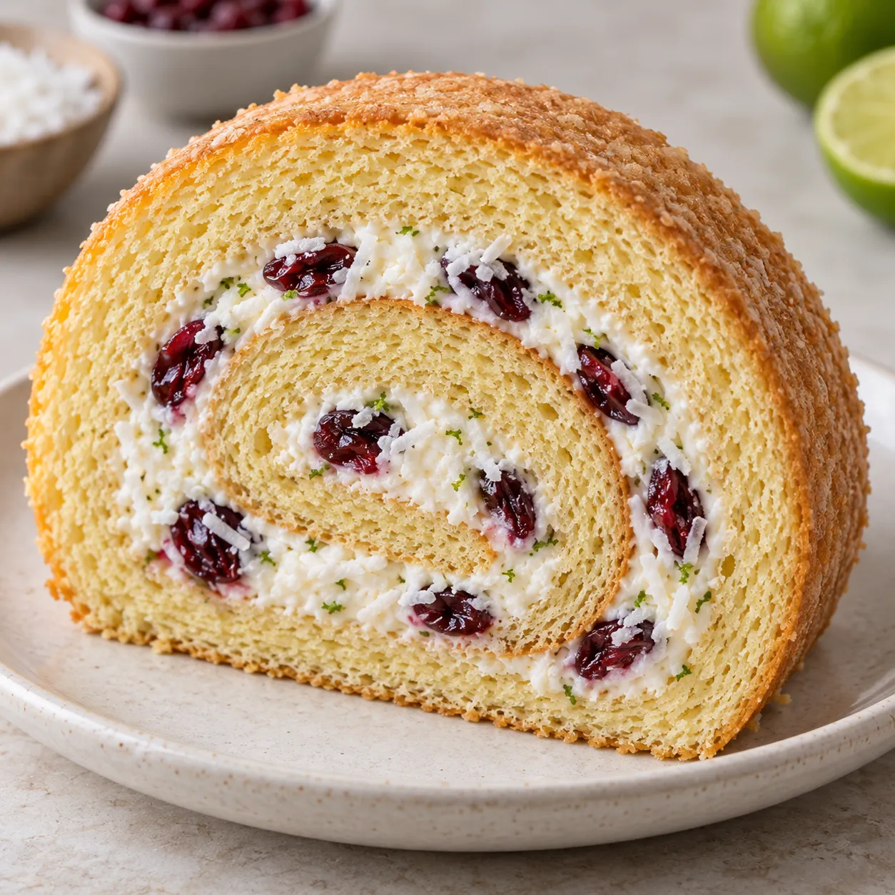 Sponge roll with coconut and lime — cranberries