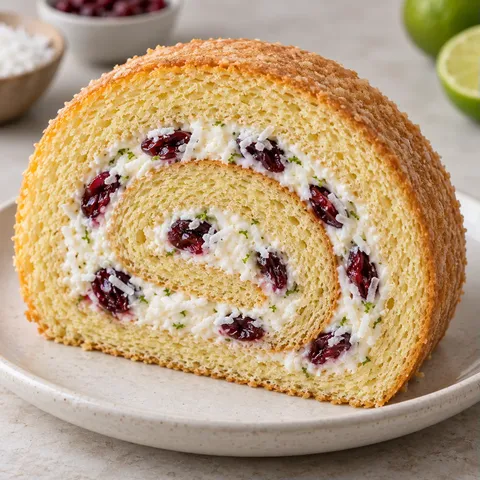 Sponge roll with coconut and lime — cranberries