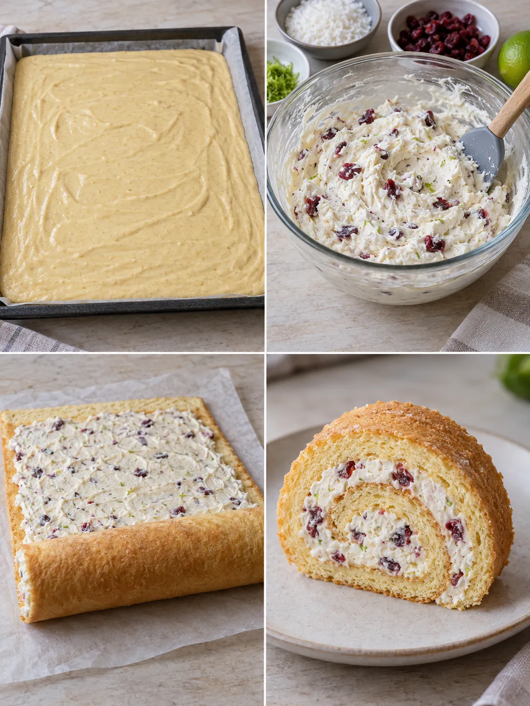 Sponge roll with coconut and lime — cranberries