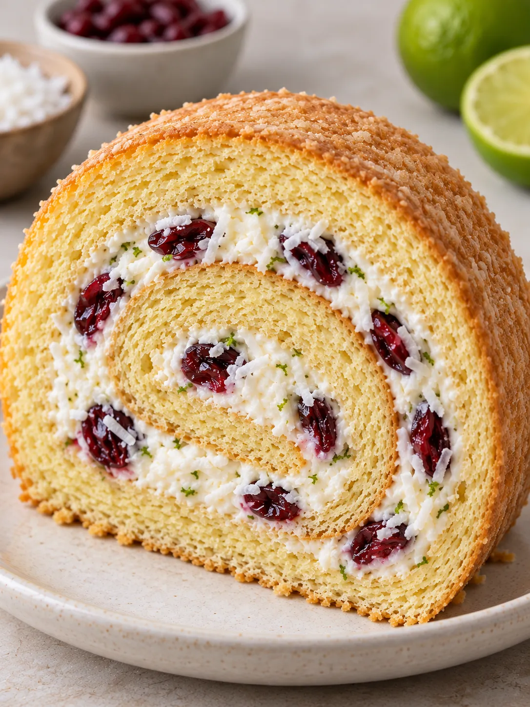 Sponge roll with coconut and lime — cranberries