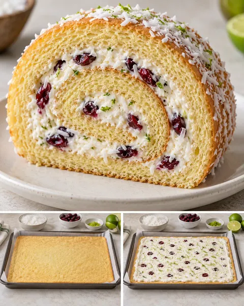 Sponge roll with coconut and lime — cranberries