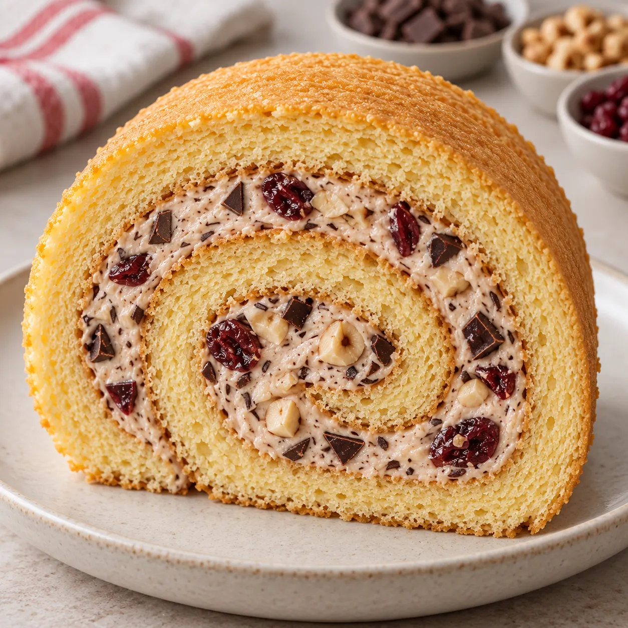Sponge roll with chocolate and hazelnuts — cranberries